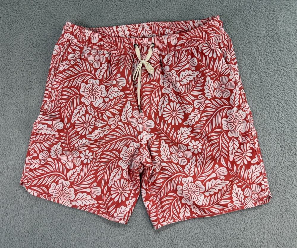 Fair Harbor Red Floral Swim Shorts Youth XL Elastic Waist Lined Drawstring